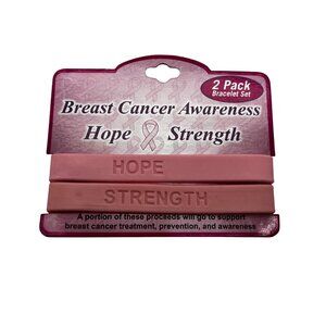 Breast Cancer Awareness Hope & Strength Pink Silicone Bracelets 2-Pack Set